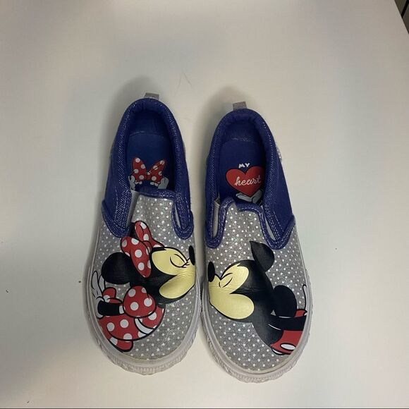 DISNEY Kids Minnie and Mickey Kissing Slip On Blue Sparkly Polka Dot Shoes - Picture 2 of 9